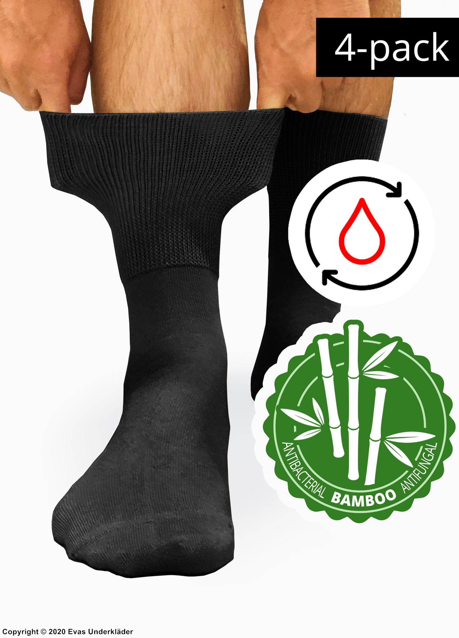 Comfort socks (unisex), bamboo (antibacterial, antifungal), gentle cuffs, 4-pack